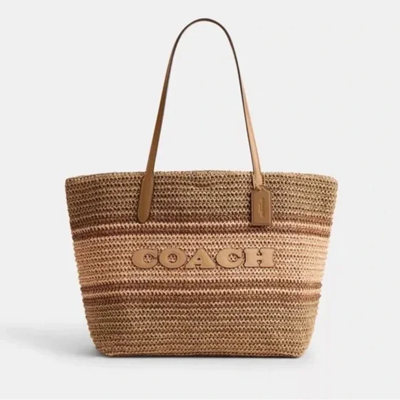 NWT Coach - Straw City Tote, in Honey Brown Multi Stripe - Picture 2 of 7